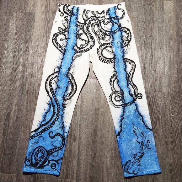 Whimsical octopus and sea hand-painted artsy jeans size 32 from Levi Stauss - Picture 5 of 13